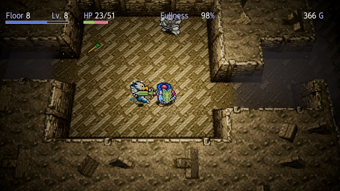 Torneko, a mustachioed shopkeeper, stands outside a colorful dungeon entrance with his family in the background
