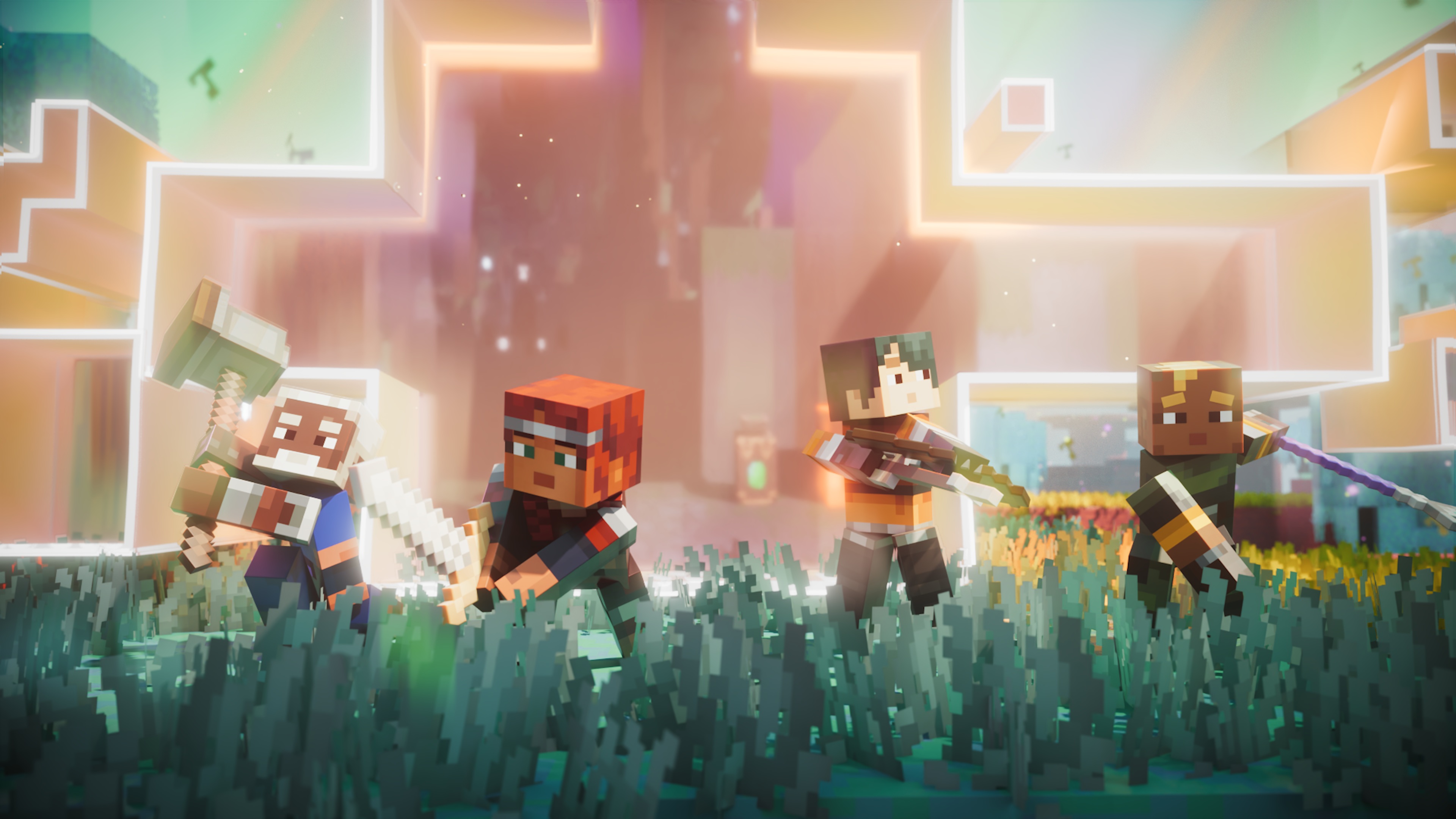 Screenshot of Minecraft Dungeons 2 showing dungeon environment with Illager enemies