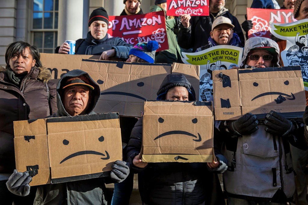 New Yorkers came out to protest Amazon HQ2 at a council hearing in January. (credit: Hiroko Masuike/The New York Times)