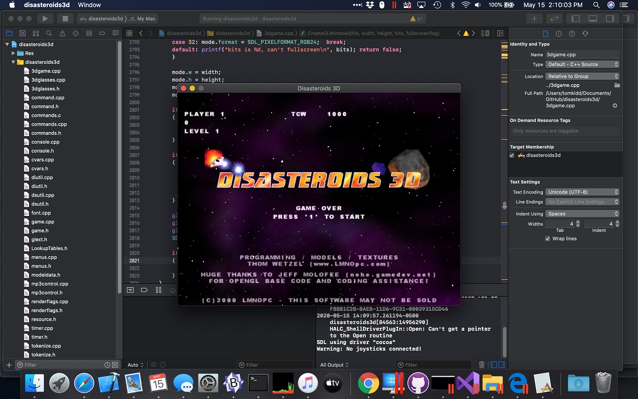 Through a combined effort by Shackers ThomW and Schnapple, Disasteroids 3D is playable on Apple platforms and its source code is avilable, all for free.
