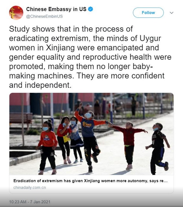The now-removed tweet from China's U.S. embassy drew Twitter officials to suspend the account for dehumanizing Uighur Muslim people.