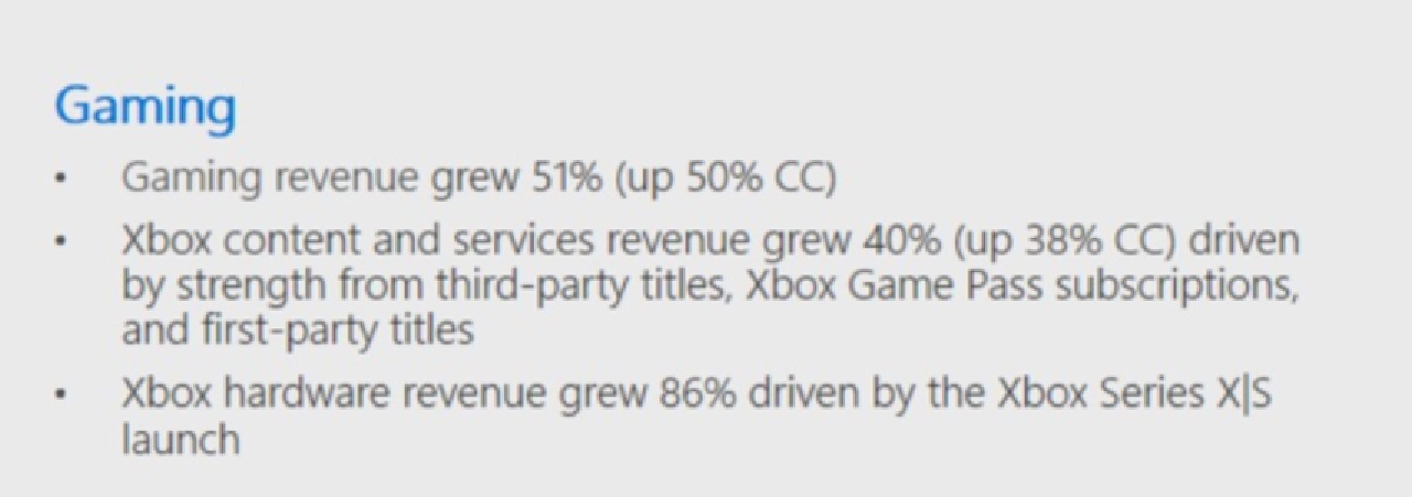 This pull from the slideshow related to Microsoft's FY21 Q2 report shows the major ends of Xbox's gaming pursuits mostly performing well year-over-year.