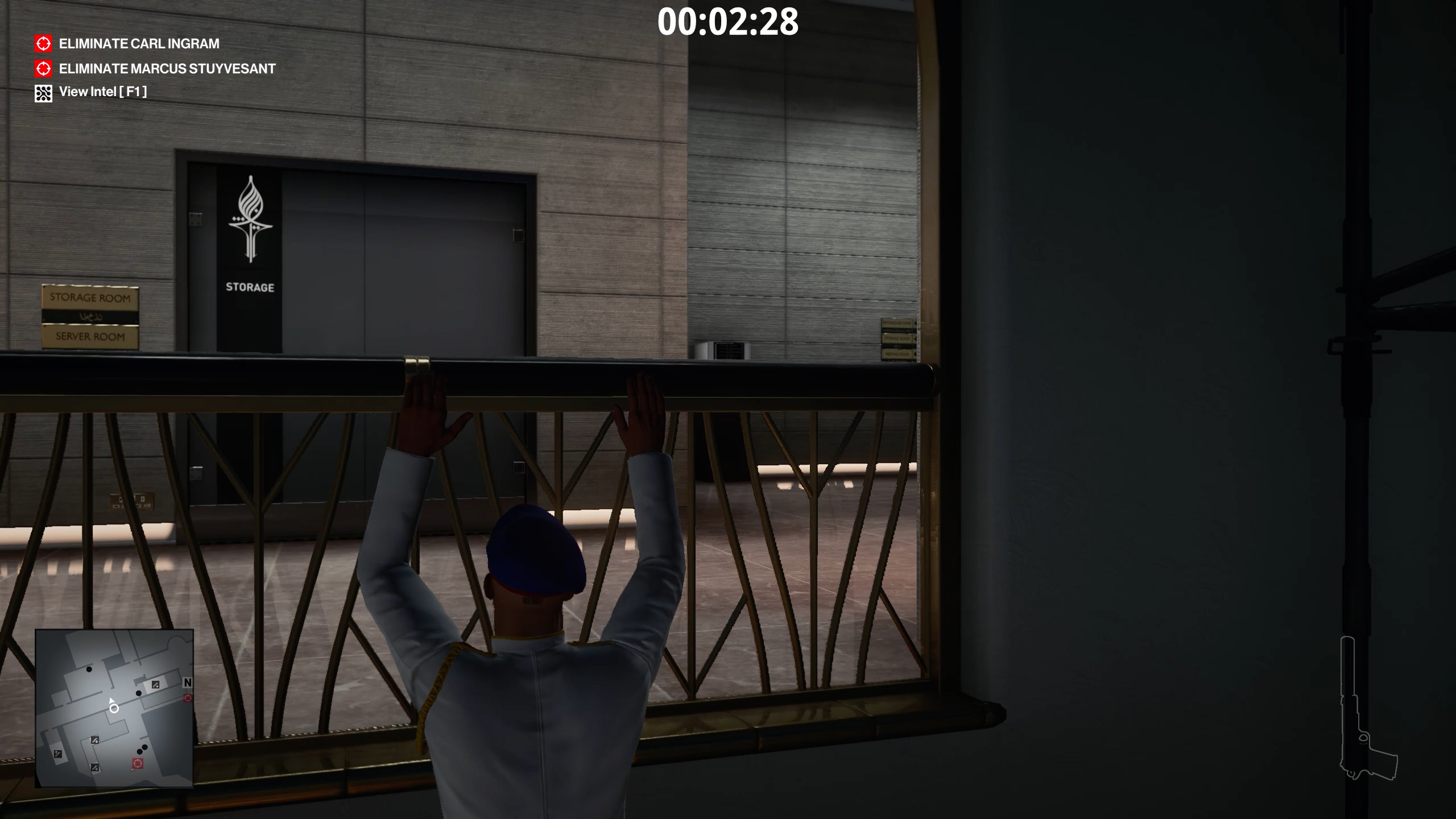 how to unlock elevators - hitman 3 - climb up the railing here and enter the storage room