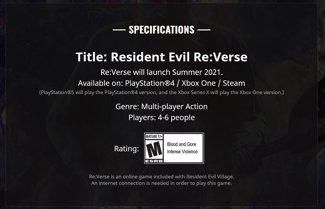 The updated window for Resident Evil Re:Verse on the game's website pushes it back to Summer 2021, well beyond its expected launch beside Village.