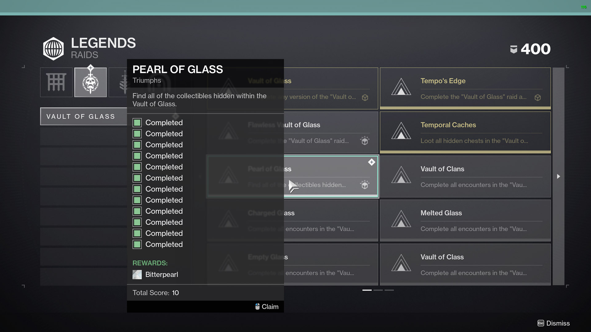 destiny 2 pearl of glass vault of glass collectibles