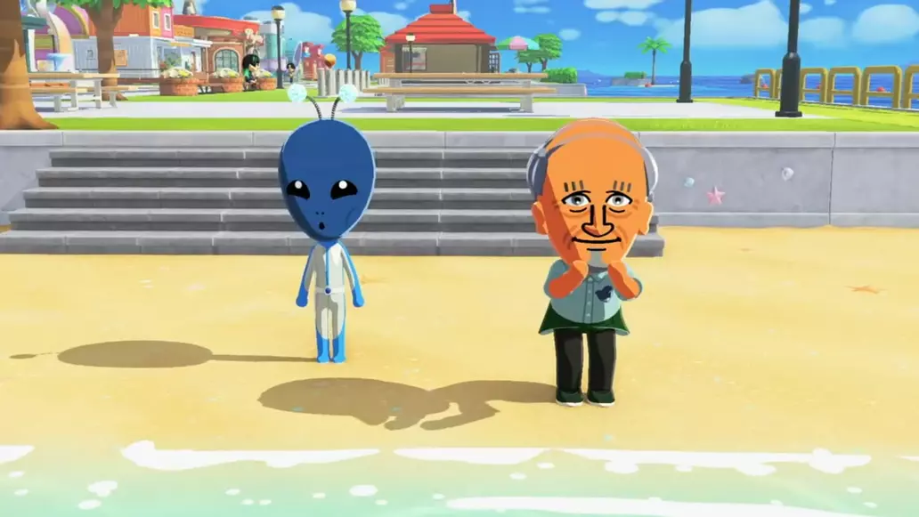 Tomodachi Life: Living the Dream - Miis of an old man and an alien looking out at the sea
