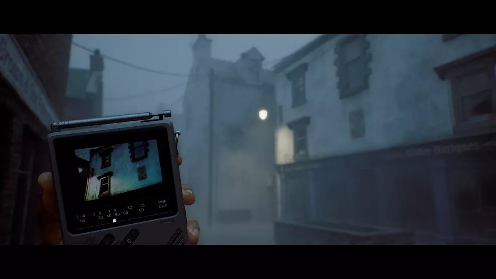 A first-person POV shot of Simon using his CRTV.