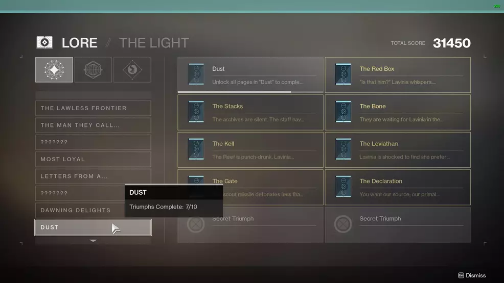 Destiny 2 Dust Lore locations