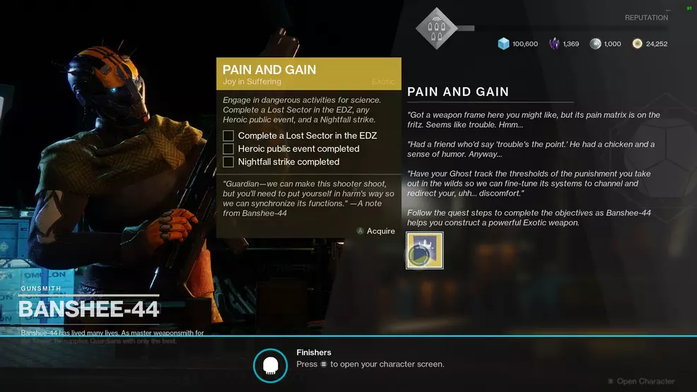 destiny 2 pain and gain exotic quest