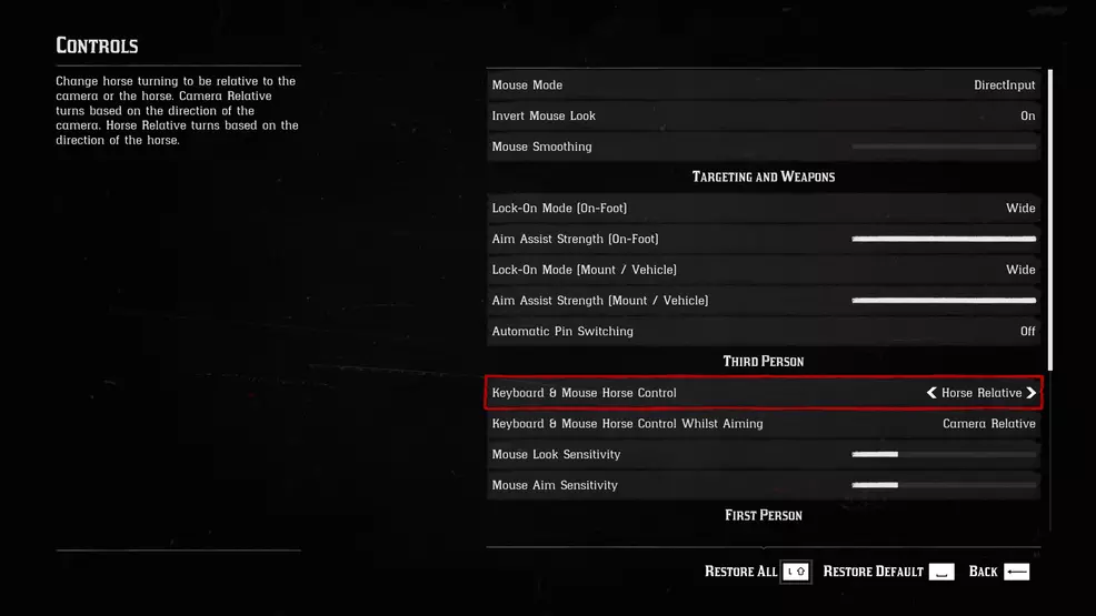 keyboard and mouse settings page will allow you to fix horse controls