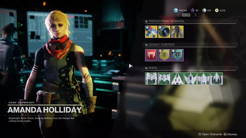 Destiny 2 Twitch Prime exotic loot drop Amanda Holliday menu