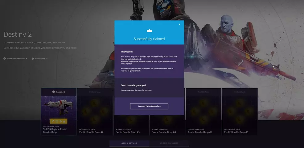 Destiny 2 Twitch Prime exotic loot drop confirmation of rewards