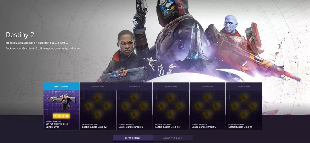 Destiny 2 Twitch Prime Exotic loot drop page