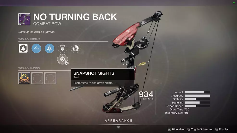 Destiny 2 No Turning Back perks