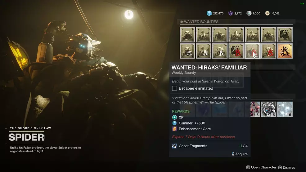 destiny 2 spider's wanted bounty hiraks' familiar