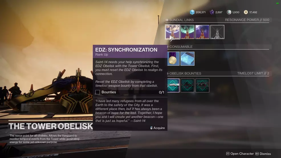 Destiny 2 Synchronization quest Tower Obelisk