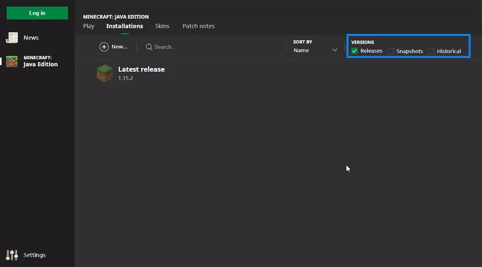 Minecraft - installations tab