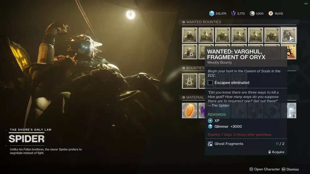 destiny 2 spider wanted varghul fragment of oryx