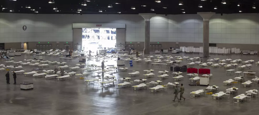 Instead of containing booths and gigantic screens for E3, the halls of the Los Angeles Convention Center are full of hospital beds.