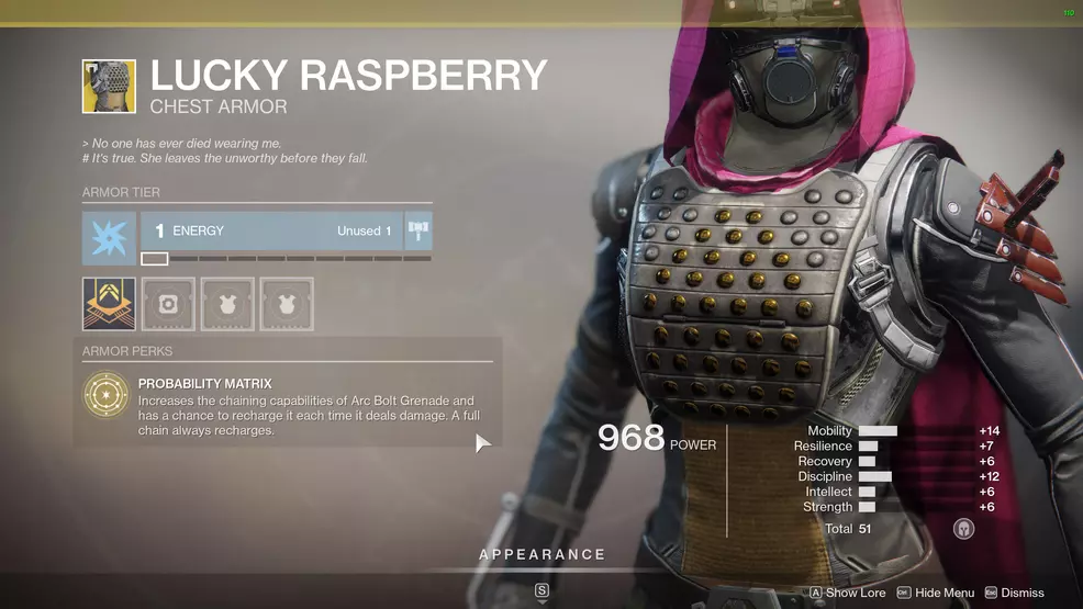 Destiny 2 Exotic Hunter armor Lucky Raspberry