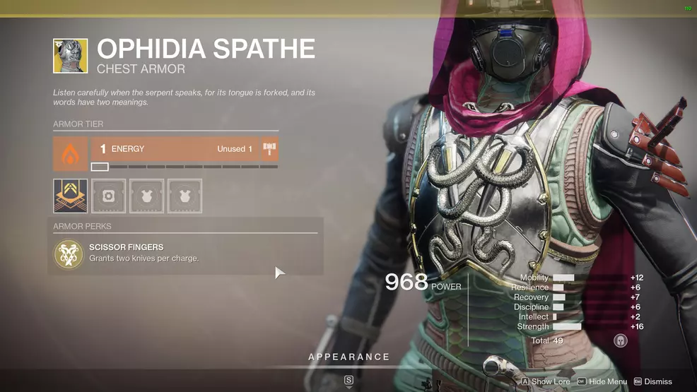 Destiny 2 Exotic Hunter armor Ophidia Spathe