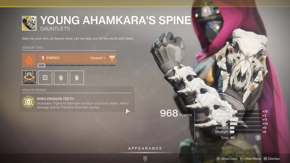 Destiny 2 Exotic Hunter armor Young Ahamkara's Spine