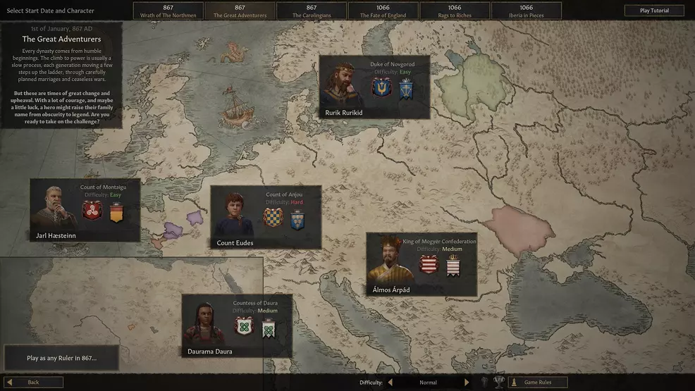 Crusader Kings 3 has 30 different suggested starting rulers to choose from, but you can also choose your own across hundreds more in two eras.