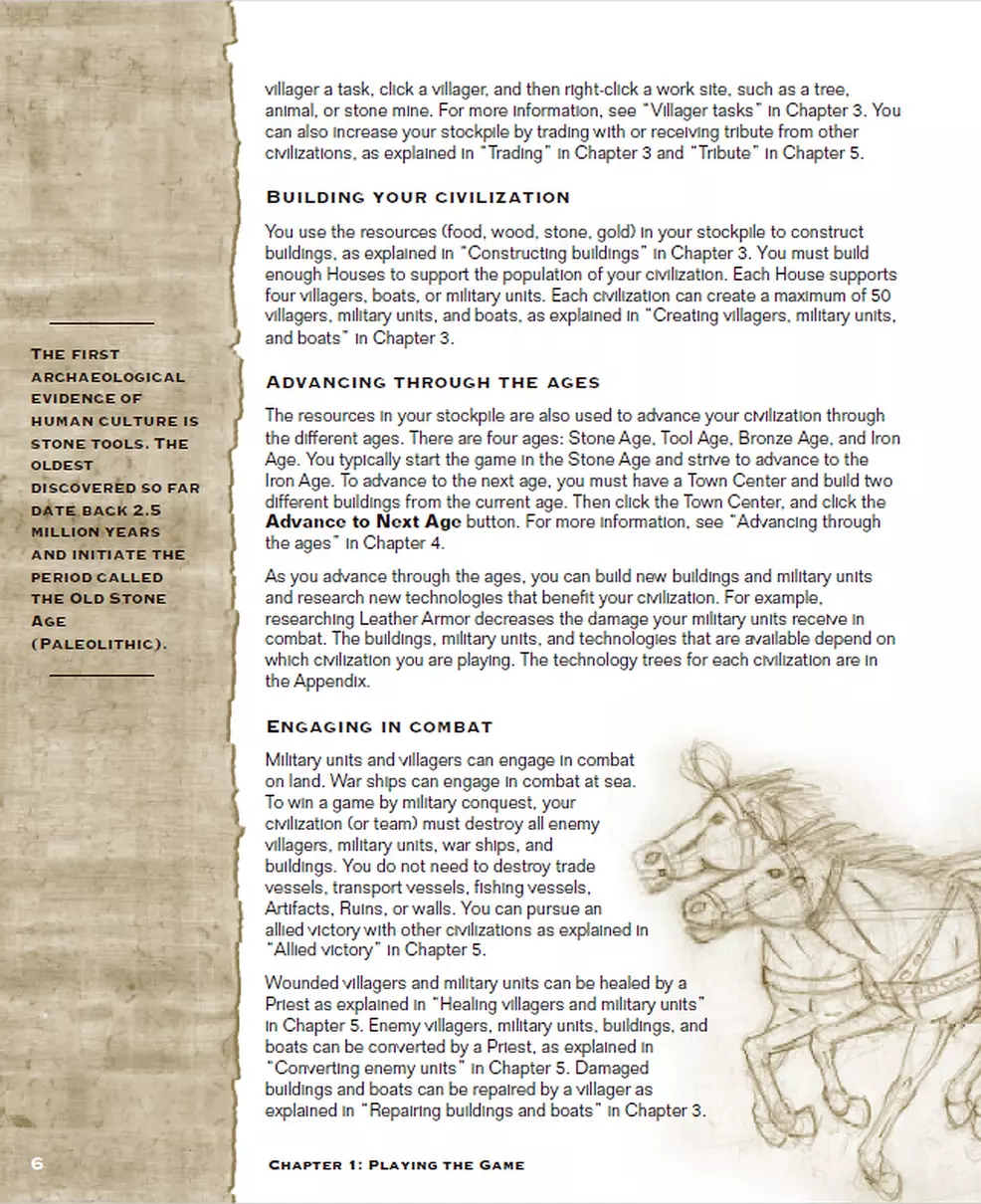 Extract from Age of Empires' instruction manual, a blend of history and how-to advice for installing and playing the game.