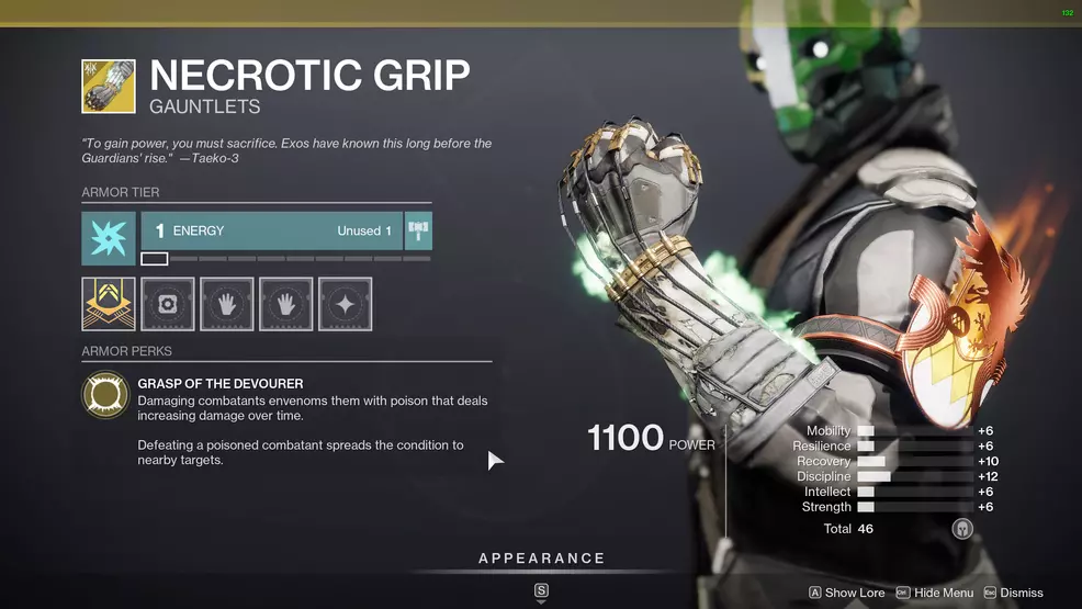 destiny 2 exotic warlock armor necrotic grip