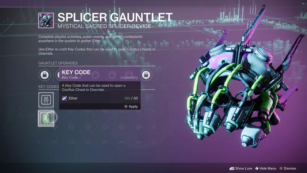 destiny 2 splicer gauntlet key code