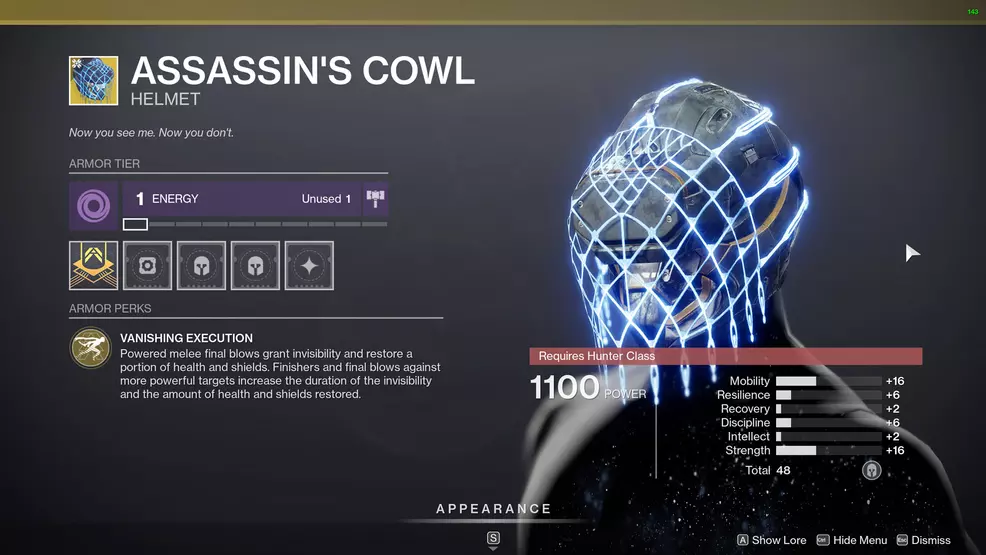 destiny 2 hunter exotic armor assassins cowl