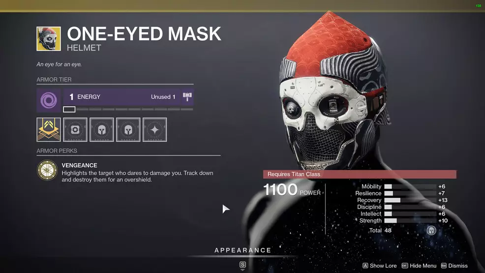 destiny 2 exotic titan armor one-eyed mask