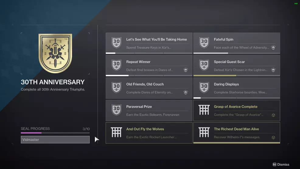 destiny 2 30th anniversary triumphs vidmaster title