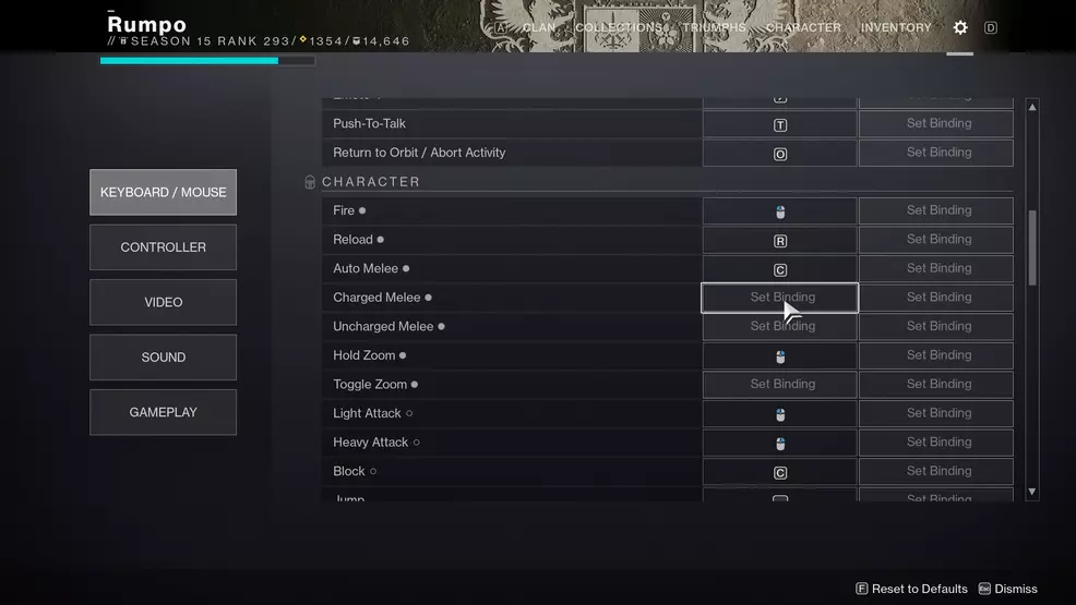 Destiny 2 Default Keybindings