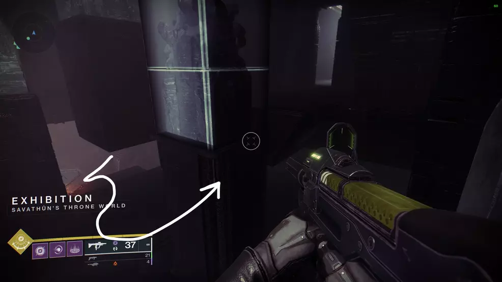 After shooting Crux, turn around and look for a door floating above the stairs. The arrow indicates the starting location and route.