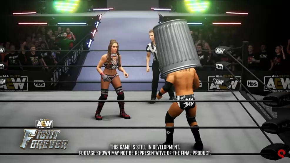 AEW Fight Forever screen showing two performers in the ring, with one wearing a trashcan on their head.