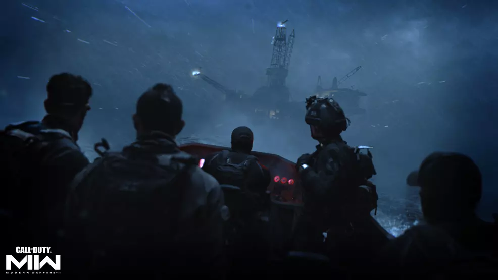 Image shows four soldiers in a boat approaching an oil rig in Call of Duty Modern Warfare 2