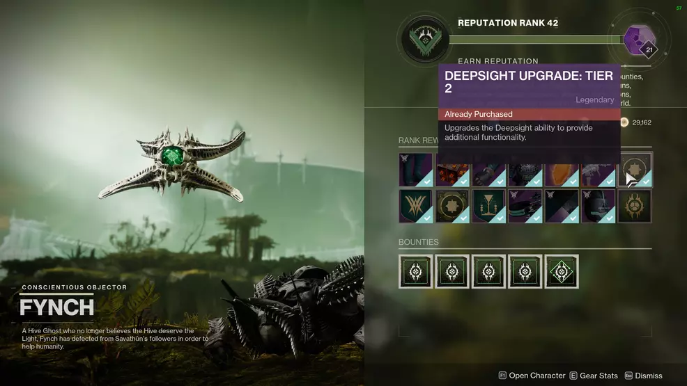 Fynch's menu in the Throne World, highlighting the Deepsight Tier 2 upgrade