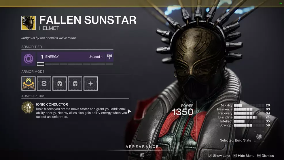 image shows the Warlock Exotic helmet Fallen Sunstar