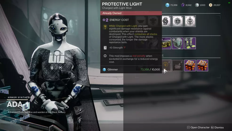 Image shows Ada-1's inventory in Destiny 2, highlighting the Protective Light Charged with Light mod