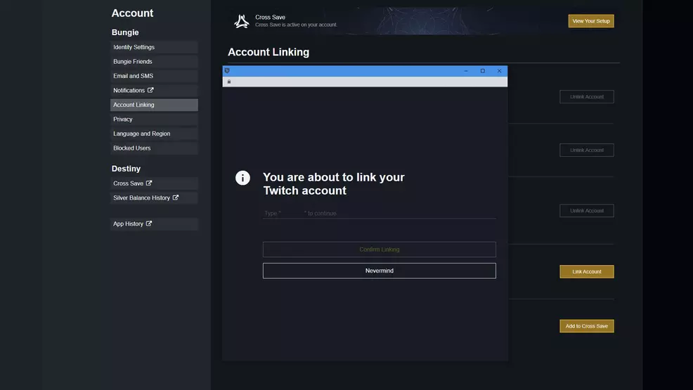 Image shows account linking confirmation on Bungie.net