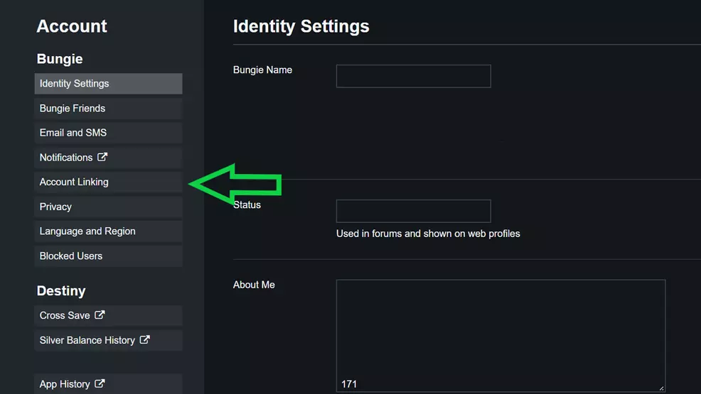 Image shows Account Linking button on Bungie.net