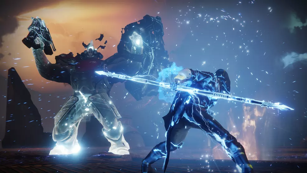 Image shows a Hunter using its Arcstrider Super to take down a Taken Cabal in Destiny 2