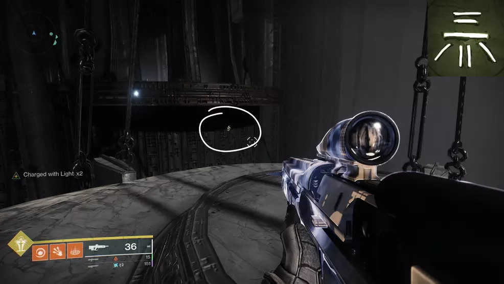 Image shows the first Oryx extra chest symbol near swinging prisons