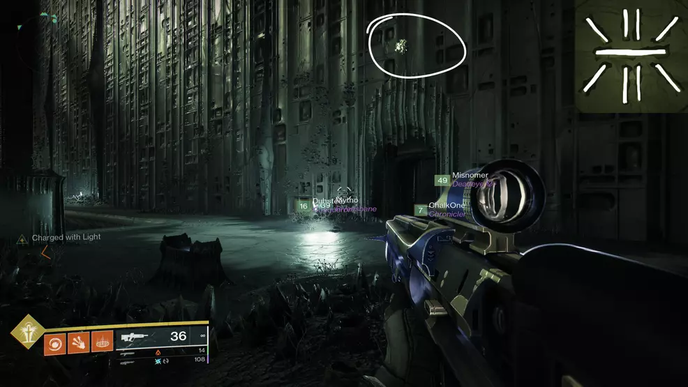 Image shows the second Oryx extra chest symbol near secret chest at Hive ship puzzle