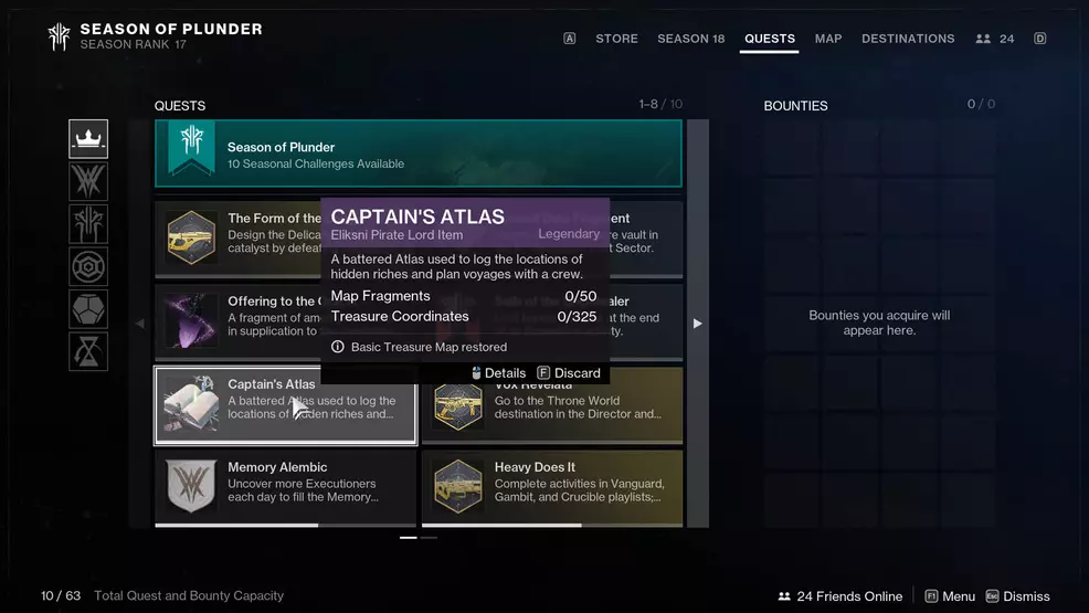 A screenshot showing the Captain's Atlas, used for Map Fragments in Destiny 2: Season of Plunder.