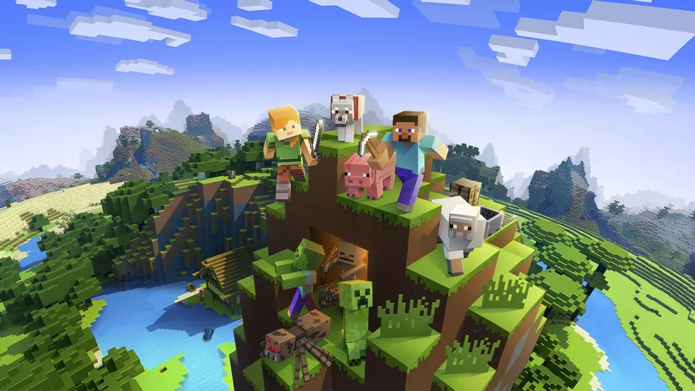 Minecraft promo image showing Steve and Alex, a pig, sheep, creepers, and more.