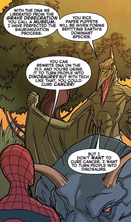 Marvel's Sauron telling Spider-Man he wants to turn people into dinosaurs.