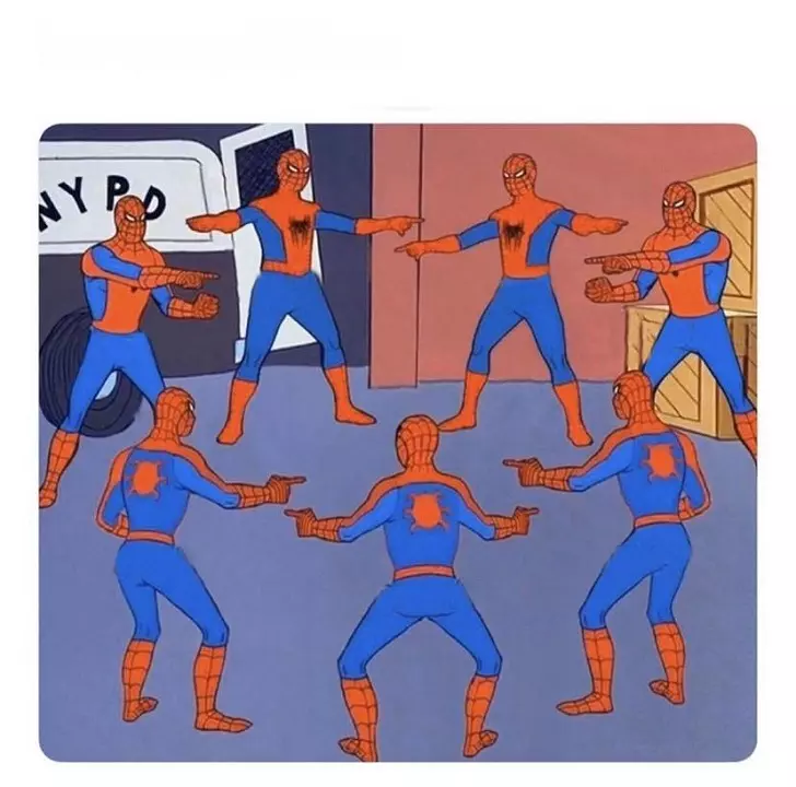 A bunch of animated Spider-Men pointing accusingly at eachother.