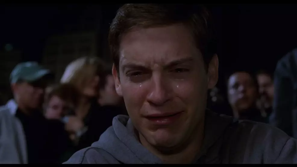 Tobey Maguire as Spider-Man with a big cry.